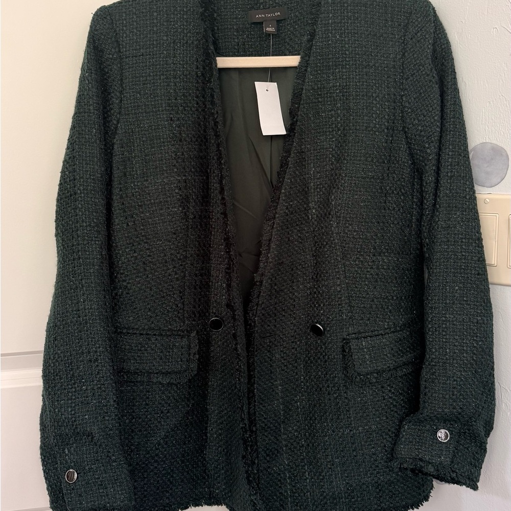 Ann Taylor Dark Green Tweed Open-Front Blazer